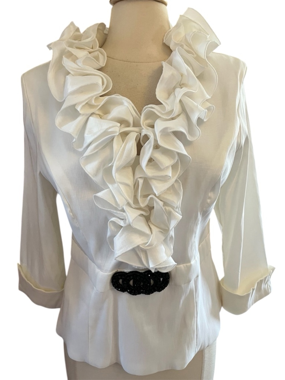 Danny Couture White V- Neck Blouse tiered ruffle collar,black jeweled buckle XL - Picture 13 of 13